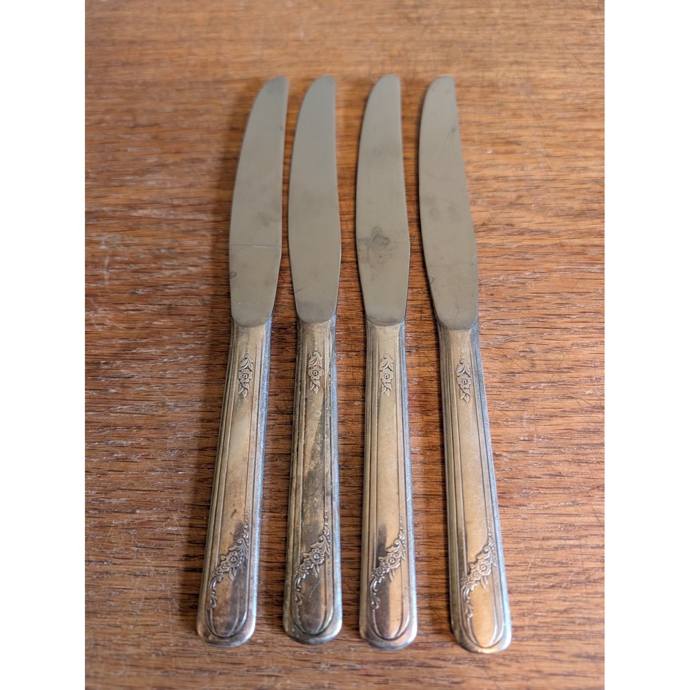 Vintage Tudor Stainless Floral Dinner Knives Set of 4 Silverware Flatware